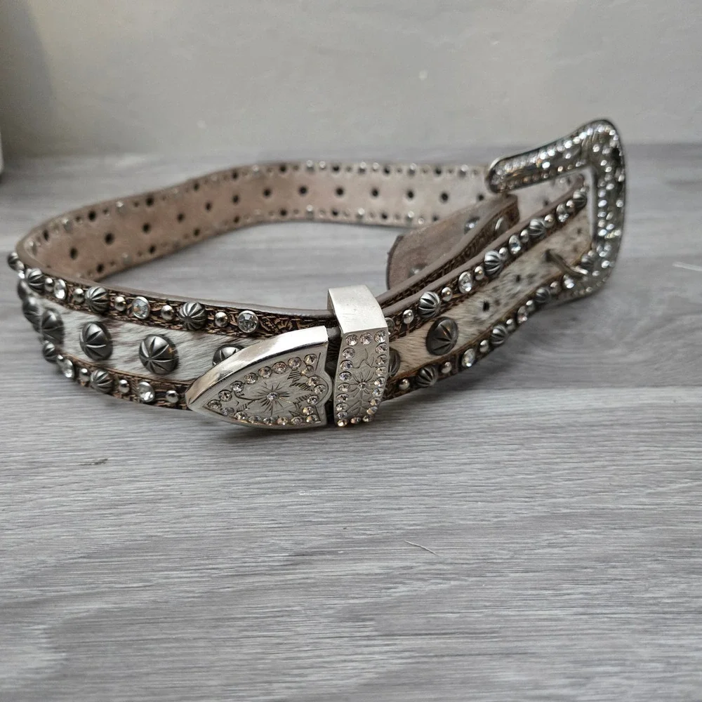 Angel Ranch Brown Leather Belt Small Western Rhinestone Cowhide Studded Cowgirl